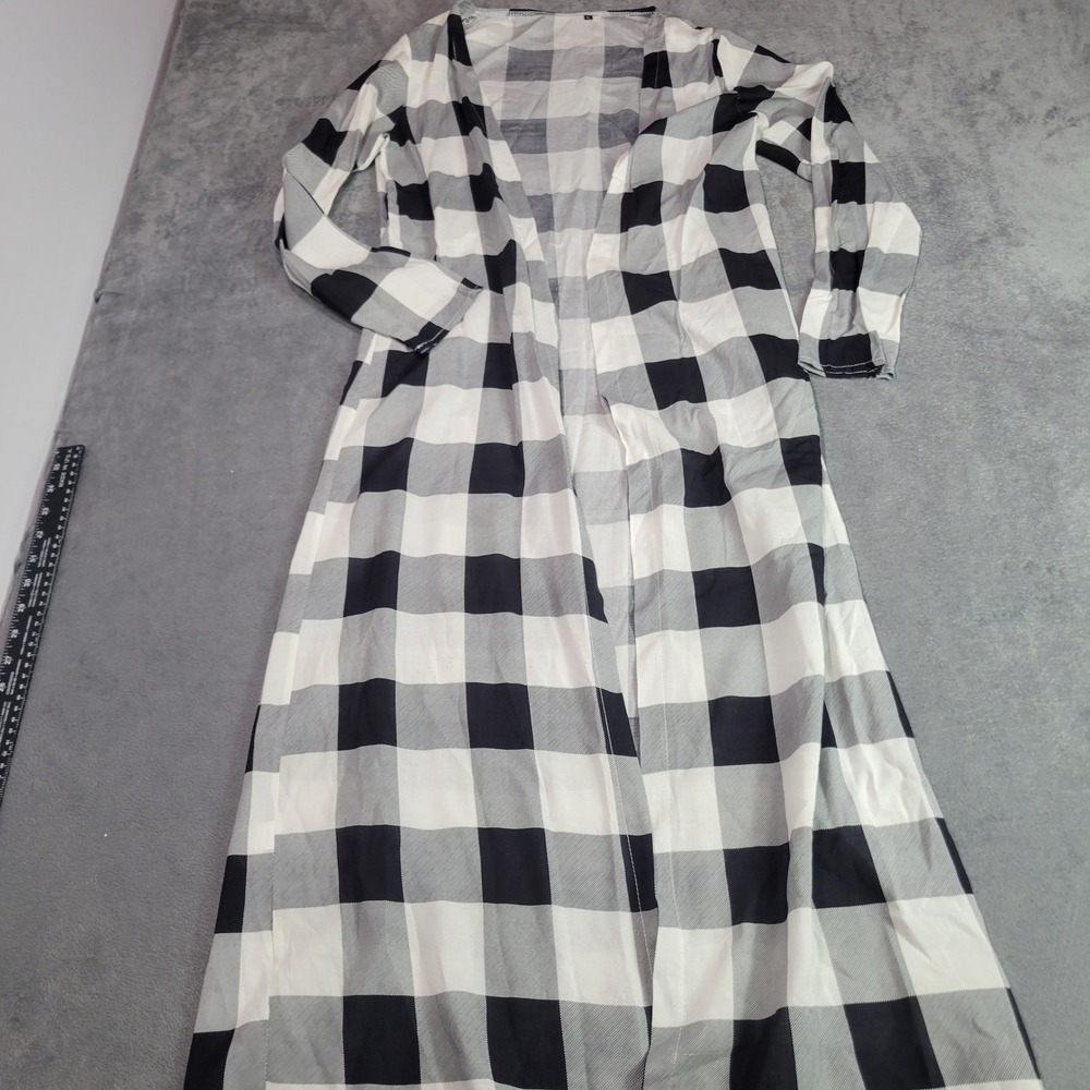 Duster Cardigan Women Large Black White Buffalo Plaid Open Front Maxi Fall Style